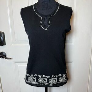 VTG Robbie Bee Silk Blend Black Sleeveless Knit Top with Beige Embroidery Sz 12
